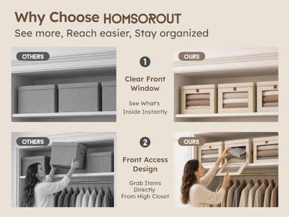 Large Closet Storage Bins - Collapsible Storage Bins with Handles & Window, Decorative Boxes with Lids, Fabric Cubes for Living Room, Dorm, 1 Pack, Beige