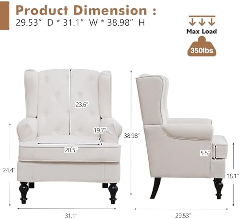 Accent Chair Set of 2, Mid Century Modern Upholstered Armchair, Wingback Chair with Tufted High Back and Solid Legs, Comfy Single Sofa Side Reading Chair for Living Room Bedroom, Beige