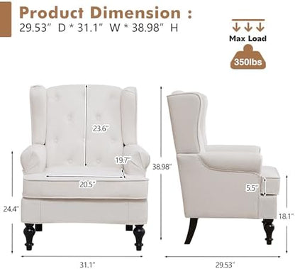 Accent Chair Set of 2, Mid Century Modern Upholstered Armchair, Wingback Chair with Tufted High Back and Solid Legs, Comfy Single Sofa Side Reading Chair for Living Room Bedroom, Beige