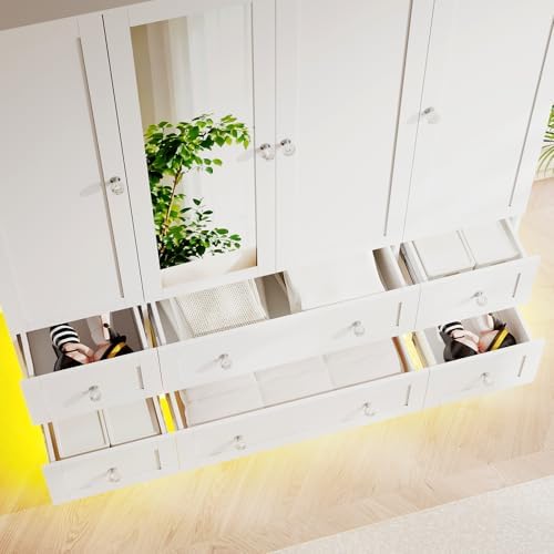 VOWNER Wardrobe Closet with 4 Doors Bedroom Armoire with Mirror & 6 Drawers