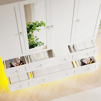 VOWNER Wardrobe Closet with 4 Doors Bedroom Armoire with Mirror & 6 Drawers
