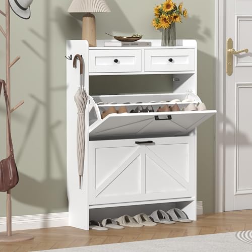 Thacuok White Shoe Cabinet with 2 Flip Drawers & 2 Storage Drawers, Rustic Farmhouse Narrow Shoe Organizer Cabinet, Slim Shoe Rack Cabinet, Shoe Storage Cabinet for Entryway, Hallway, Front Door
