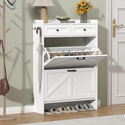 Thacuok White Shoe Cabinet with 2 Flip Drawers & 2 Storage Drawers, Rustic Farmhouse Narrow Shoe Organizer Cabinet, Slim Shoe Rack Cabinet, Shoe Storage Cabinet for Entryway, Hallway, Front Door