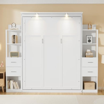 PVWIIK Queen Size Murphy Bed, Vertical Wall Bed Frame with 4 Drawers, LED Light, Shelf & Foldable Platform, White for Small Space Bedroom Guest Room