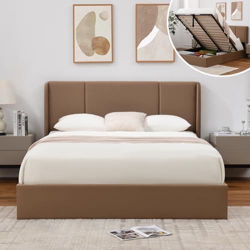 VELOCAVA Queen Lift Up Storage Bed Frame, Velvet-Look Upholstered Bed with Modern Wingback Headboard, Gas Lift Storage, Wood Slat Support, No Box Spring Needed, Brown