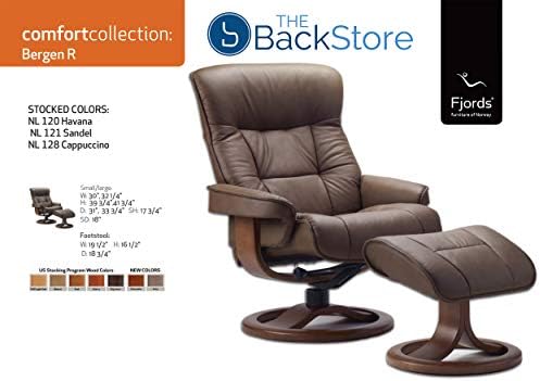 Fjords 775 Bergen Small Recliner and Ottoman Norwegian Ergonomic Scandinavian Lounge Reclining Chair Furniture Nordic Line Genuine Sandel Light Brown Leather Espresso Wood