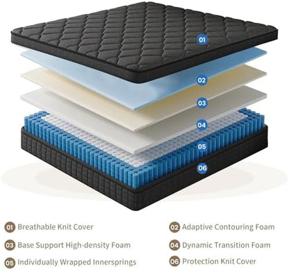 EVLWZL 14 Inch Queen Mattress, Medium Firm Hybrid Queen Mattresses, Memory Foam Mattress in a Box with Individually Wrapped Pocket Springs, Reinforced Edge Support, Pressure Relief, Motion Isolation