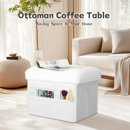 Small Ottoman with Storage, Folding Fur Ottoman Foot Rest for Dorm, White