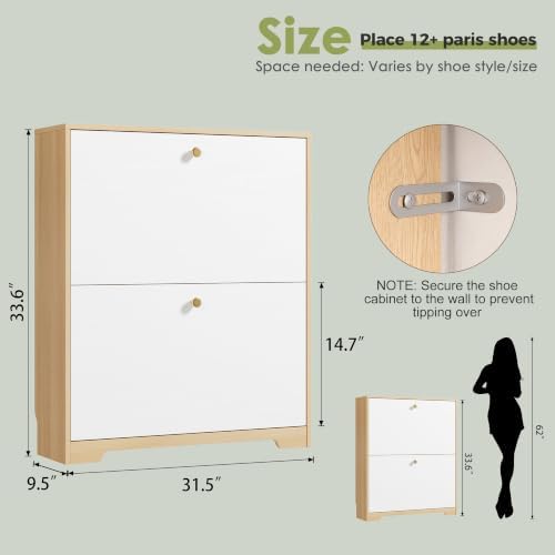 Nicetree Shoe Storage Cabinet with 3 Flip Drawer, Narrow Slim 3-Tier Shoe Organizer, Shoe Cabinet Storage for Entryway with Top Shelf and Hooks, Freestanding Wooden Shoe Rack, Natural Oak and White