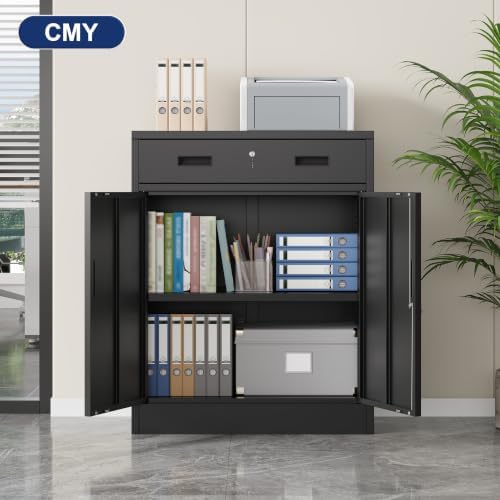 CMY Metal Storage Cabinet, Locking Storage Cabinet with 1 Drawer and Adjustable Shelf, 36" H x 28" W x 16" D Metal Cabinets with Doors for Office, Garage, Home-Black