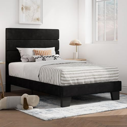 SHA CERLIN Twin Platform Bed Frame with Upholstered Velvet Headboard, Black