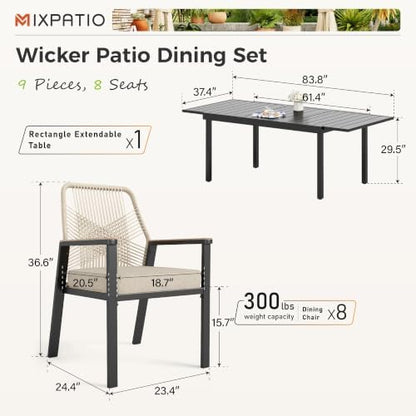 MIXPATIO Patio Dining Set, Extendable Metal Table, 8 Rattan Chairs, Beige