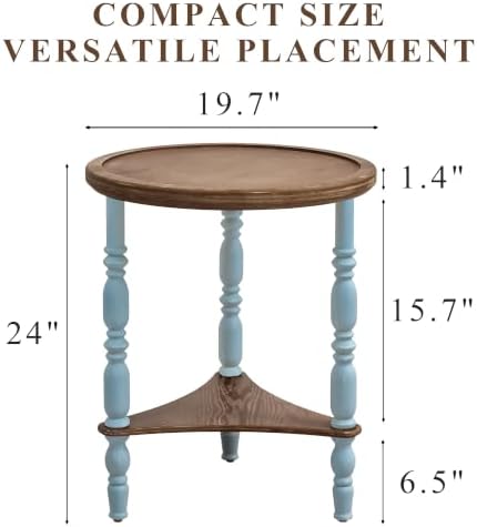Round Side Table, Farmhouse Blue 2-Tier End Table, 19.7"D x 24"H