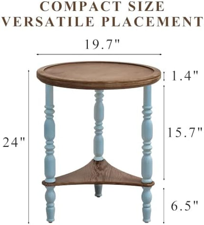 Round Side Table, Farmhouse Blue 2-Tier End Table, 19.7"D x 24"H