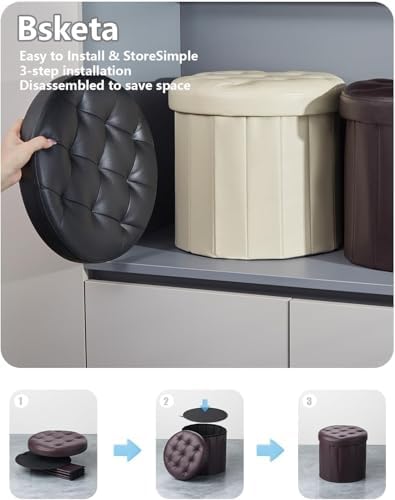 Bsketa Round Storage Ottoman, 14" Folding Leather Foot Rest, Brown 2 Pack