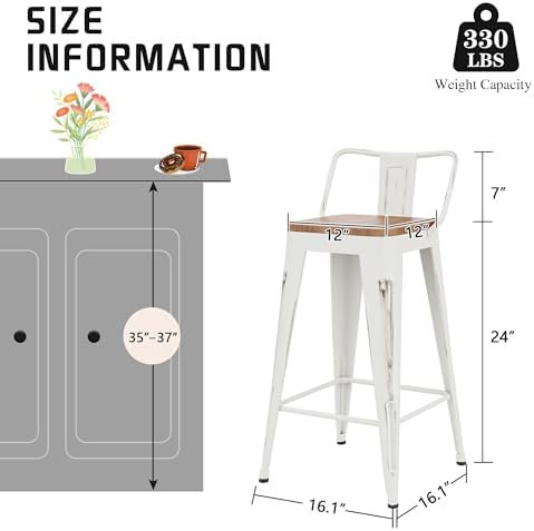 24" Barstools Set of 4 Counter Height Bar Stools Chair-Distressed White