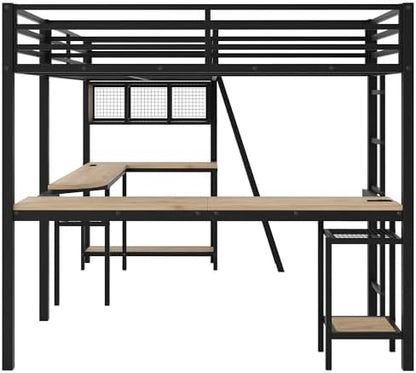 Twin Size L-Shaped Loft Bed with Desk and LED Lights, Black