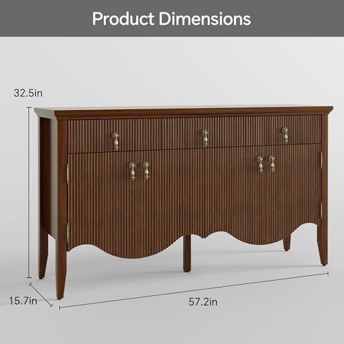 57" Fluted Sideboard Buffet,Retro Storage Cabinet, Walnut