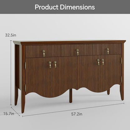 57" Fluted Sideboard Buffet,Retro Storage Cabinet, Walnut