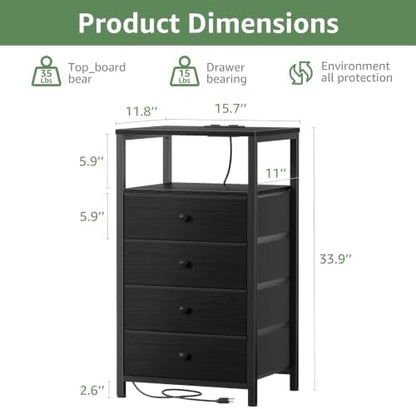 BOLUO Tall Night Stand with Drawers, Black Nightstand with Charging Station and LED Light, Small White 4 Drawer Dresser for Bedroom, Room Storage Closet