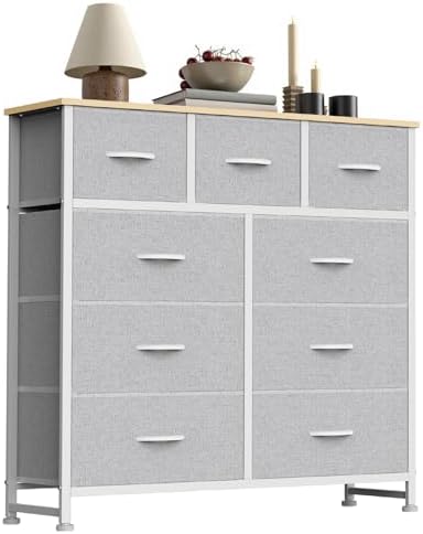 Sweetcrispy 9 Drawer Fabric Dresser Storage Tower Organizer, Light Grey