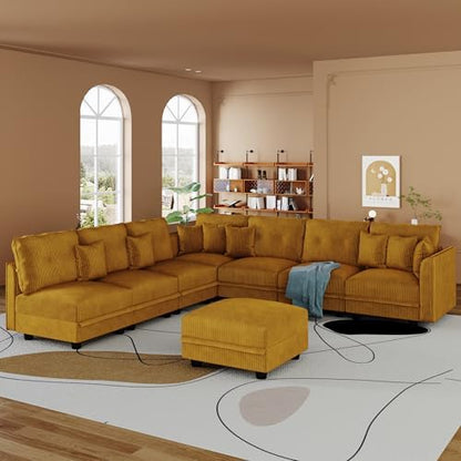 LLappuil Modular Storage Sectional Sofa with Ottoman, U Shaped 8-Seat Corduroy Couch with 7 Throw Pillows, Convertible Sofa Set for Living Room, Skin-Friendly & Soft, Scratch Resistant, Yellow