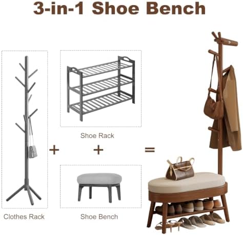 AQIMUELE Shoe Bench with Coat Rack, Shoe Rack with 9 Hooks, Walnut