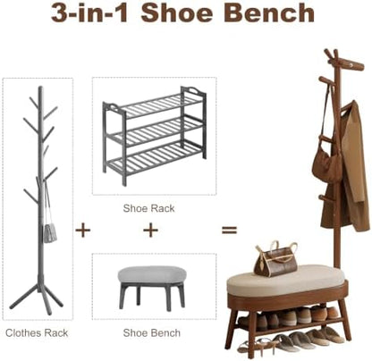 AQIMUELE Shoe Bench with Coat Rack, Shoe Rack with 9 Hooks, Walnut