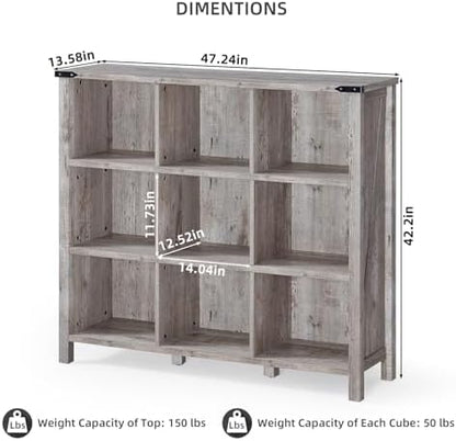Joaxswe 9 Cube Bookcase, Farmhouse 47 Inch Wide Grey Oak Bookshelf, Wooden 3 Tier Display Large Open Book Shelf, Vintage Horizontal Book Case for Home Office, Cubby Storage Cabinet for Living Room