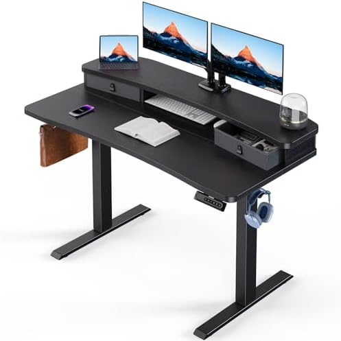 HUANUO 47.2" X 23.6" Electric Standing Desk with 2 Drawers, C-Clamp Mount Compatible, Height Adjustable Computer Desk, Home Office Stand Up Desk with 4 Preset Heights & 2 Hooks, Black