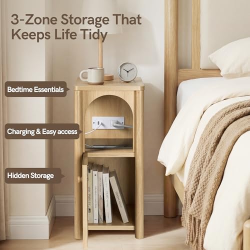 Narrow Nightstand Set of 2 with Charging Station Slim Bedside Table