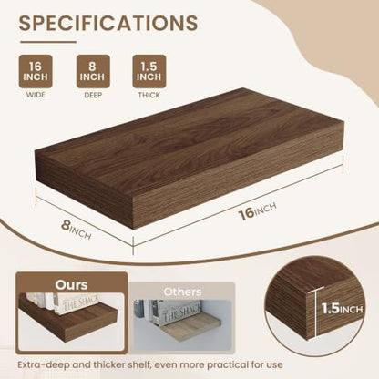Dreamland 16 Inches Wall Mounted Wood Floating Shelves, Walnut, 2 Pack