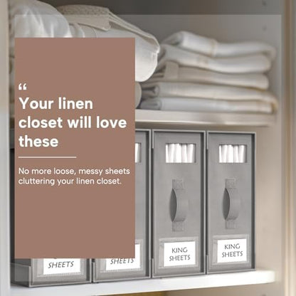 Bed Sheet Organizers and Storage, 8 Pack Foldable Linen Closet Organizer Box – Bedding Holder for Sheet Set (King/Queen Sizes), Duvet Covers, Blankets (Grey)