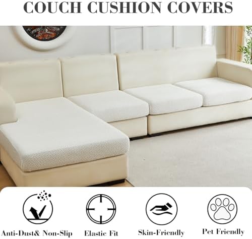 Sofa Covers Couch Covers for Sofa Pet Friendly Couch Cushion Covers Universal Sofa Covers Washable Stretch Slipcovers for Sectional Sofa (Texture Ivory White, 3 Seats + Chaise Cover)