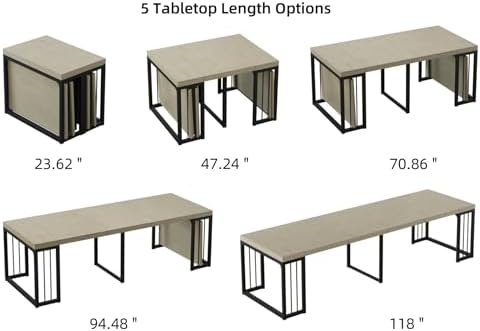 23.62" - 118" L Extendable Foldable Dining Room Table for 2-10 People, Wood Modern Rustic Rectangle Expandable Kitchen Living Meeting Room Furniture, 5 Tabletop Length Options
