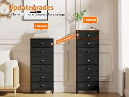 Black Bedroom Dresser, Tall Chests of Drawers with 7 Fabric Bins