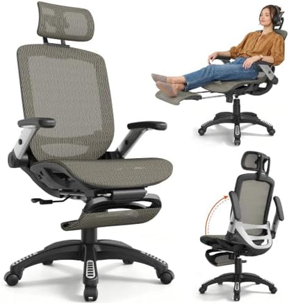 Ergonomic Office Chair with Footrest – High Back Executive Mesh Desk Chair for Corporate & Home, 135° Recline Task Computer Chair with Flip-Up Arms, Wide Seat, Class-4 Cylinder, 300 LBS - GY01BC-FT