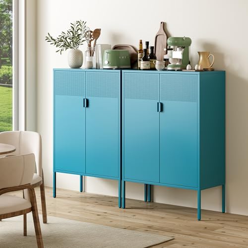 Ustamio Blue Metal Storage Cabinet - 3 Tier Steel Office Storage Cabinet with Doors and Shelves for Home, Office and Kitchen