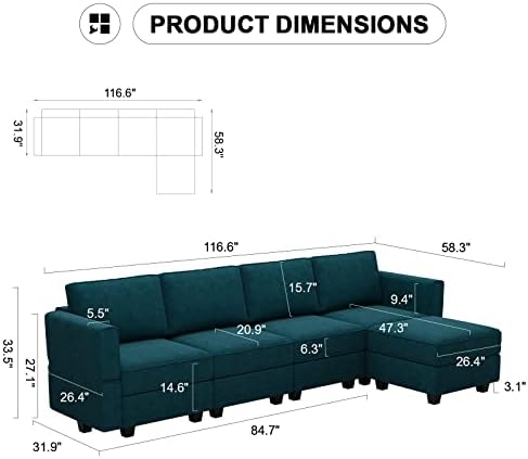 Belffin L-Shaped Sofa with Storage Seat Fabric Modular Sectional Couch Reversible Chaise L Couch Sectionnal Sofa Peacock Blue