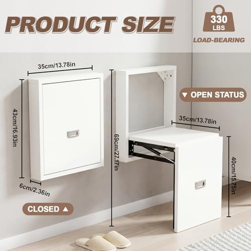 1 Pcs Wall Mounted Folding Chair, Modern Entryway Shoe Changing Stool, 330lbs Capacity, Extra-Wide Seat, Invisible Folding Chair for Hallway, Hidden Shoe Bench for Most Homes(Tea White)