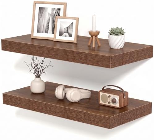 12 Inch Deep Floating Shelves Walnut, 24 Inch Long, 2" Thick Floating Shelves for Wall, Hidden Bracket, Scratch-Resistant Wood Grain for Bedroom Bathroom Kitchen, Coffee Bar, Bookshelf