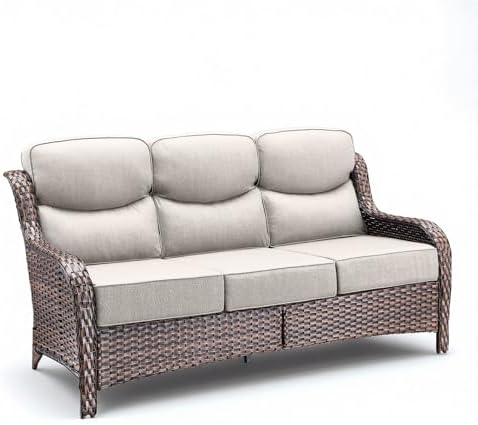 Wicker Patio Sofa with 6" Thick Cushions, All-Weather Outdoor Rattan Couch with High Backrest and Deep Seat, Outdoor Patio Sofas for Porch, Yard, Garden, Brown/Beige