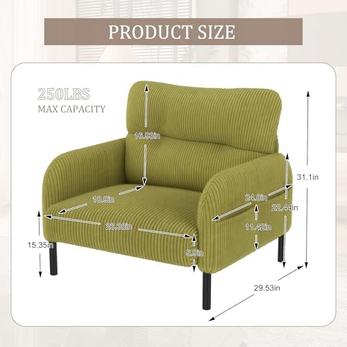 26" Corduroy Single Sofa Chair with Double Side Pockets & High Resilience Cushion, Modern Ergonomic Design Upholstery Oversized 1-Seater Accent Chair, Easy Assembly, for Living Room, Olive Green