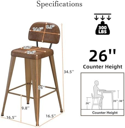 26 Inch Metal Bar stools Set of 4, Upholstered Counter Height Bar Stools with Removable Back & Metal Legs, Industrial Barstools for Kitchen Island, Cafe (Camel Seat, Wood-Grain Legs)