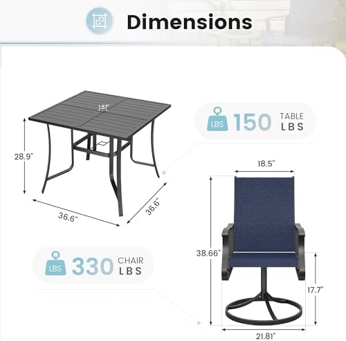 5 Pieces Patio Dining Set, Patio Outdoor Furniture Set of 4 Patio Swivel Dining Chairs and 36" Patio Spliced Square Tabletop with Umbrella Hole, for Deck, Backyard, Poolside & Garden