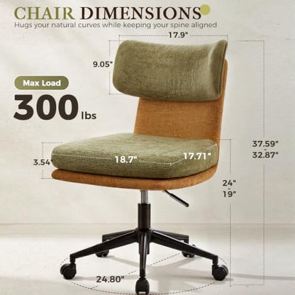 COMHOMA Home Office Desk Chairs with Ergonomic Curved Backrest, Mid Century Modern Vanity Chair with Wheel for Bedroom, Chenille Upholstered, Green