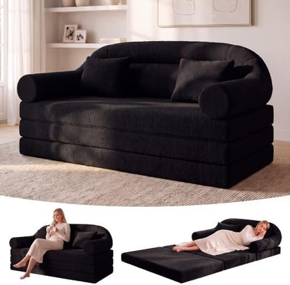 63" High-Back Futon Sofa Bed, Tri-Fold Boneless Couch | Black