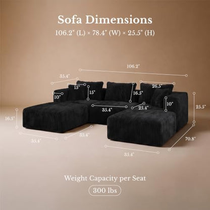 Maywish Modular Boneless Couch 106'', Sectional Sofa with Chaises Deep Seat