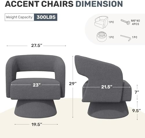 Nebuaegis Swivel Accent Chair Set of 2, Modern Comfy Teddy Barrel Chairs, Oversized Upholstered Round Arm Chair for Living Room, Bedroom, Reading Room, Dark Grey