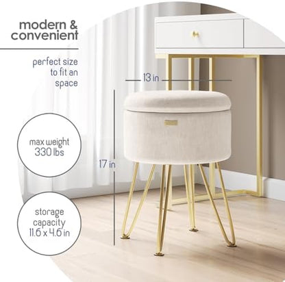 Round Ottoman with Storage, Textured Velvet Storage Ottoman, Foot Stool Ottomans, Makeup Vanity Stool, Small Ottomans Foot Rest, Modern Vanity Stools for Living Room and Bedroom, Cream